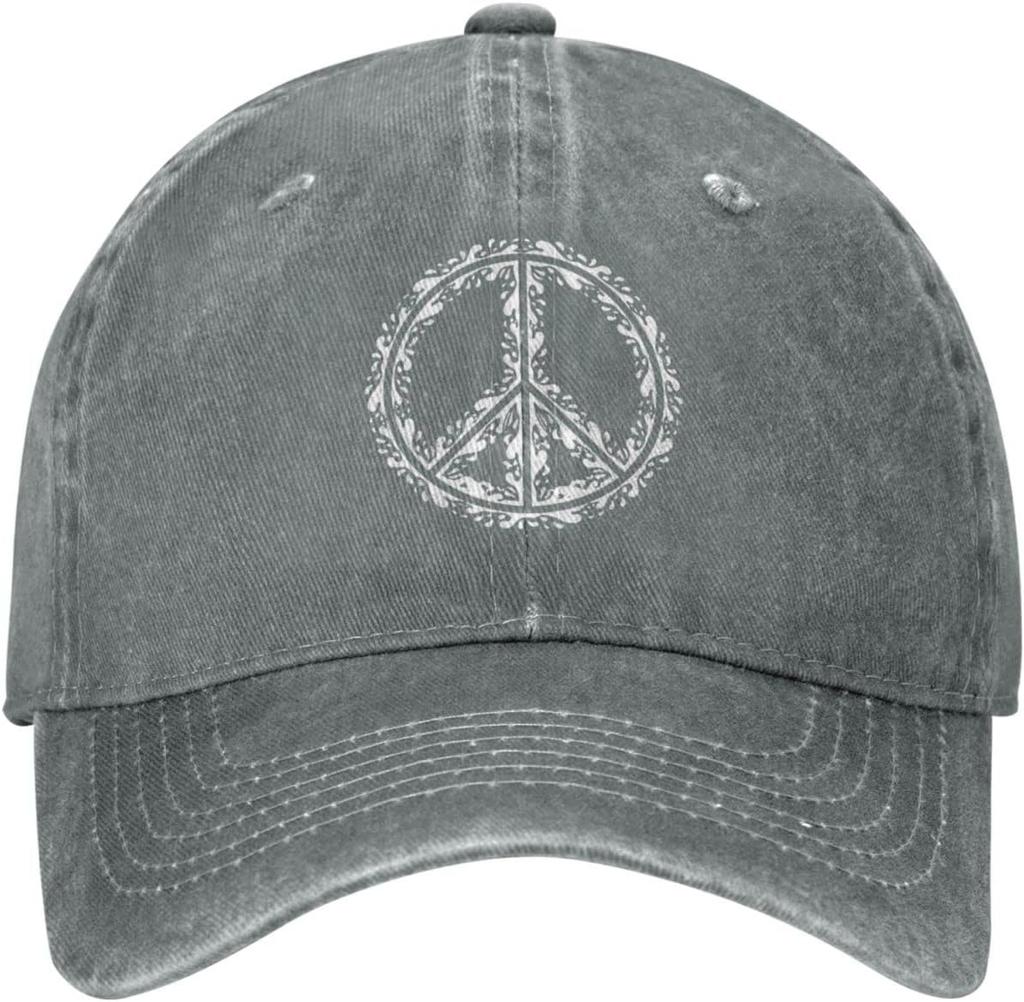 Peace Symbol Distressed Denim Baseball Cap Vintage Washed Adjustable Hippie Hat Casual Hat Unisex