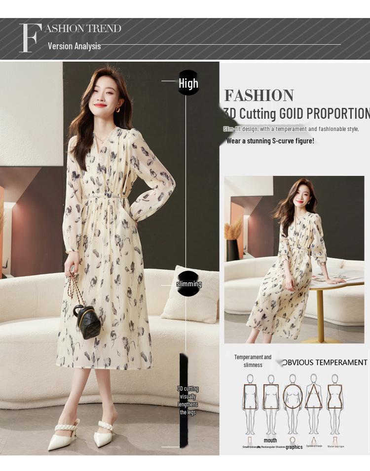High-End Floral Print V-Neck Long Sleeve Summer Dress for Women