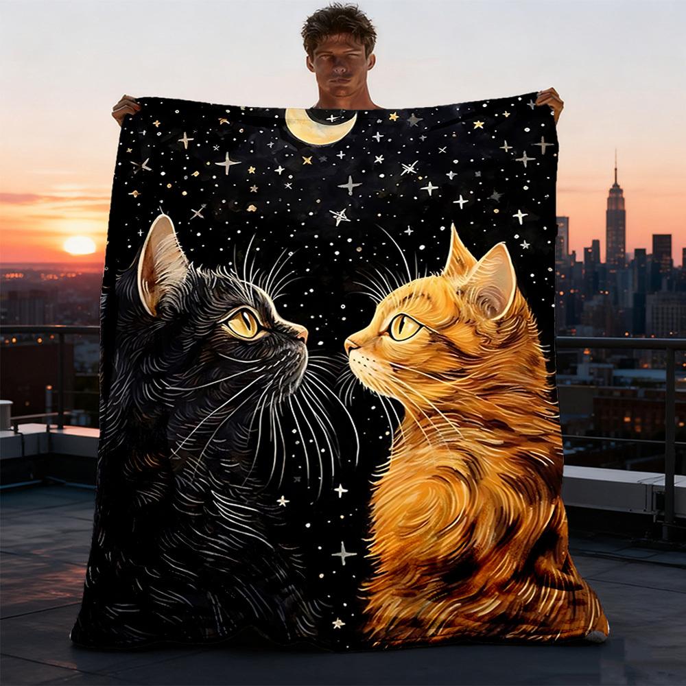 1pc Cat Night Sky Print Outdoor Flannel Blanket , Machine Washable Perfect Gift for Birthday , Holiday Travel Accessory , Durable Material