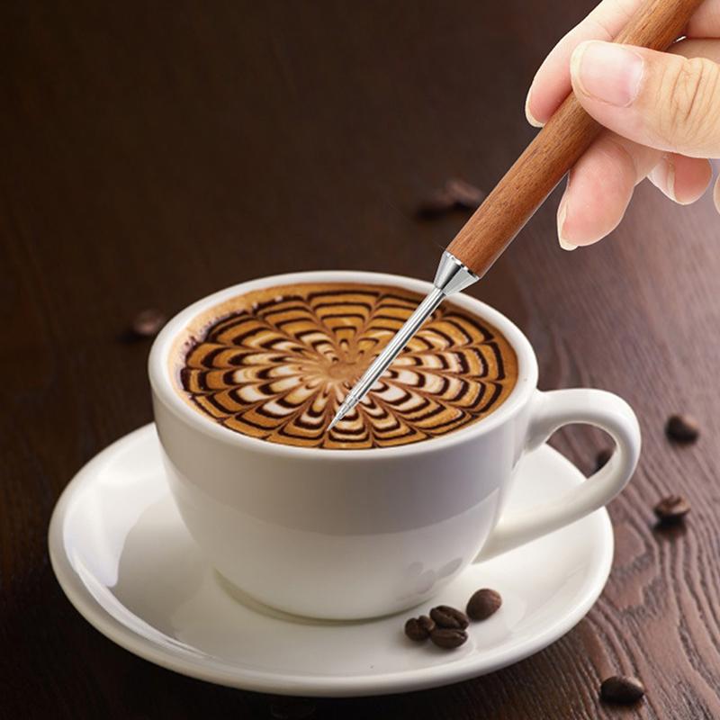 

Ручка для декорирования кофе из нержавеющей стали с деревянной ручкой, игла для цветка, инструмент бариста, кофейные аксессуары, инструмент для моделирования 1pc