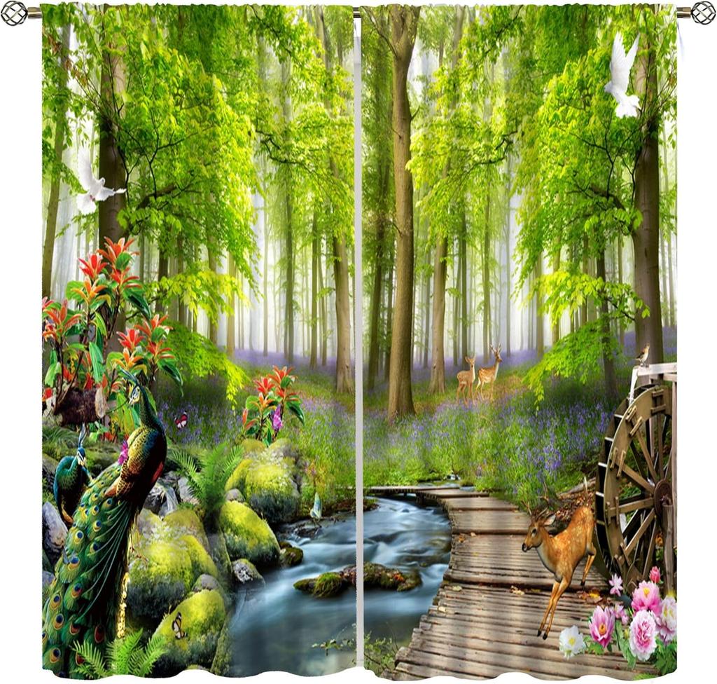 Waterfall Curtains Spring Nature Theme Landscape Pattern Forest Thermal Bedroom Living Room Panel Set Blackout Made Of Polyester Area Decor