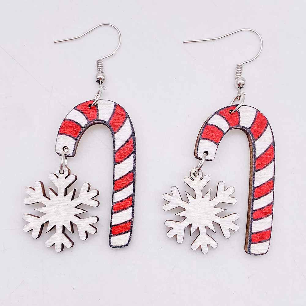 Santa Claus & Snowflake Candy Cane Wood Earrings - Festive Spliced Jewelry for Christmas Eve Parties