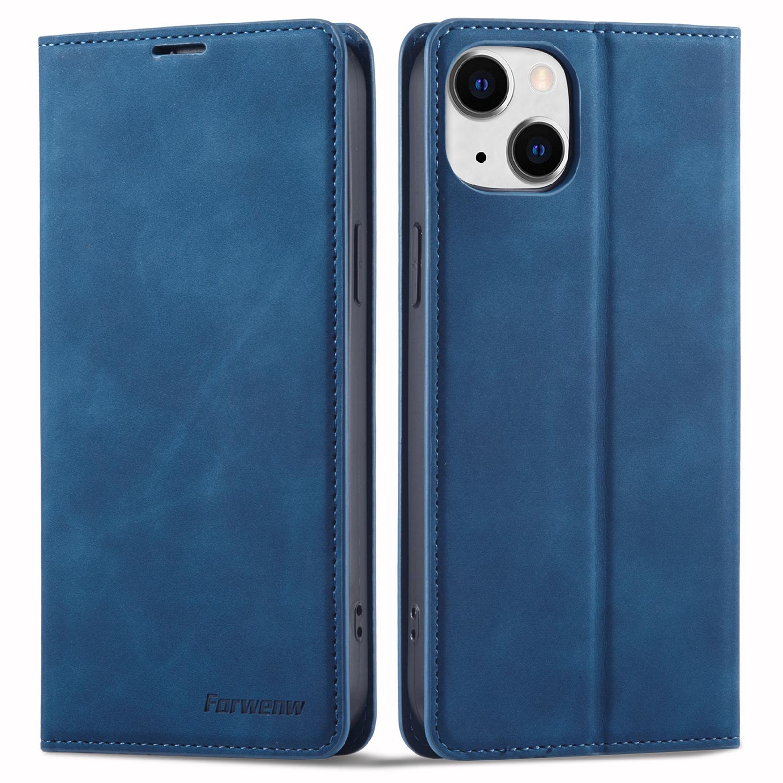 

FORWENW for iPhone 14 Fantasy Series Cell Phone Cover Skin-friendly Leather Stand Wallet Drop-proof Flip Phone Case Blue