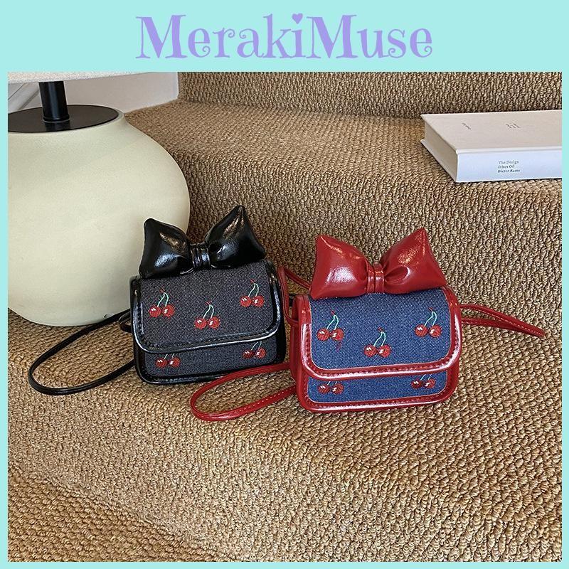 Children Cherry Bow Fruit Pattern Mini Purse With Embroidery Key Girls Holder