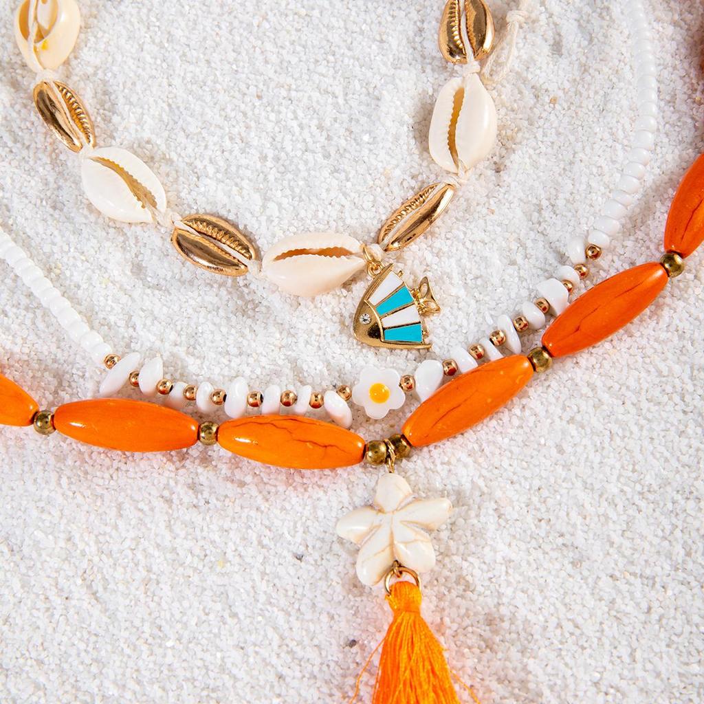 Sommer Neuer Strandurlaubsstil Ei Blume Muschel Seestern Anhänger Quaste Halskette Damen Schmuck Böhmischer Stil Anhänger Dreiteiliges Set Halskette