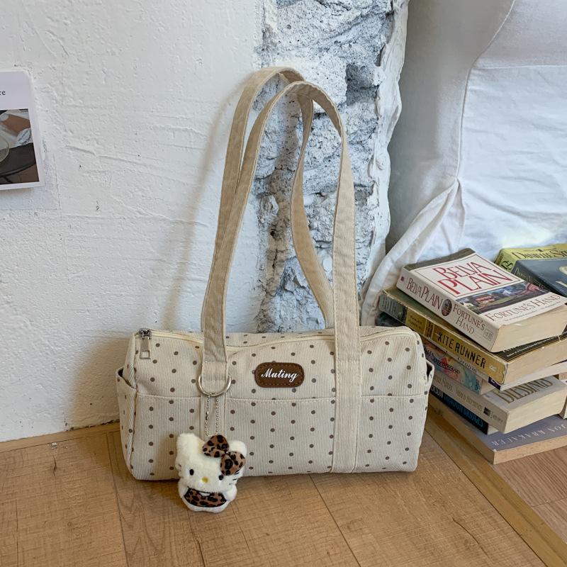 

Осень 2025 новая корейская нишевая милая сумка на плечо в горошек, большой вместимости, повседневная простая модная сумка под мышку покинуть белый
