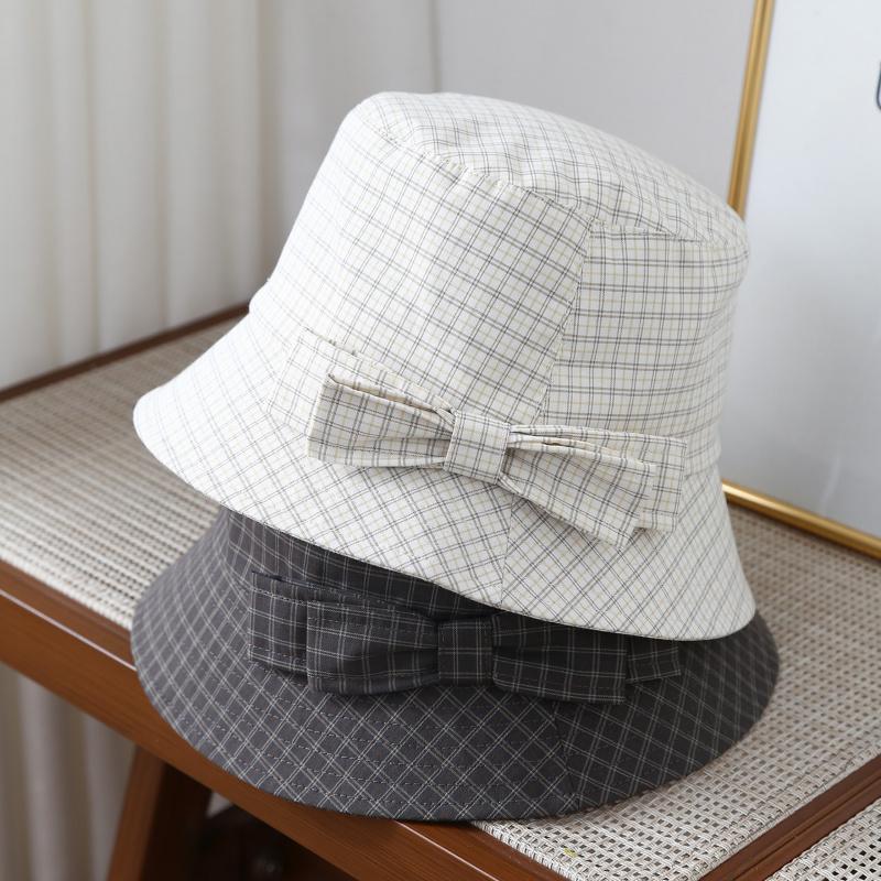 Women's Bow Plaid Bucket Hat Visor Ladies Hat Outdoor Travel Thin Cap