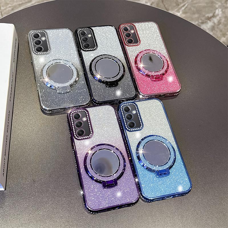 KEYSION Luxury Glitter Jewelled Magnetic Phone Case for Samsung Galaxy A54 5G A34 A24 A14 Makeup Mirror Stand Shockproof Cover