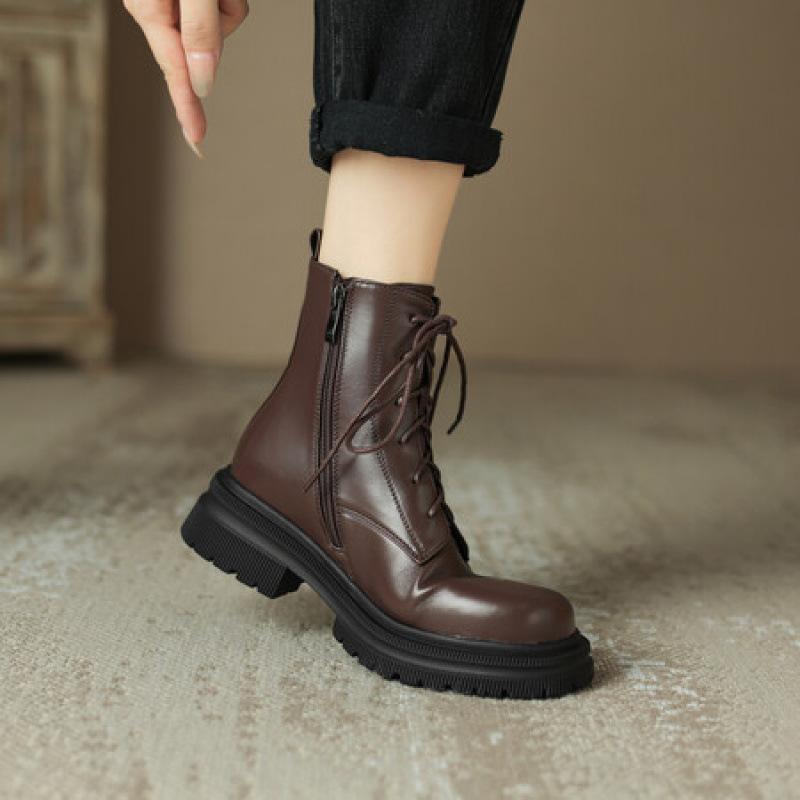 Damen Ritterstiefel für Herbst und Winter, vorne geschnürt, mittlerer Absatz, dicke Sohle, große Größen, quadratischer Absatz, runde Spitze, koreanische Version, einfarbig