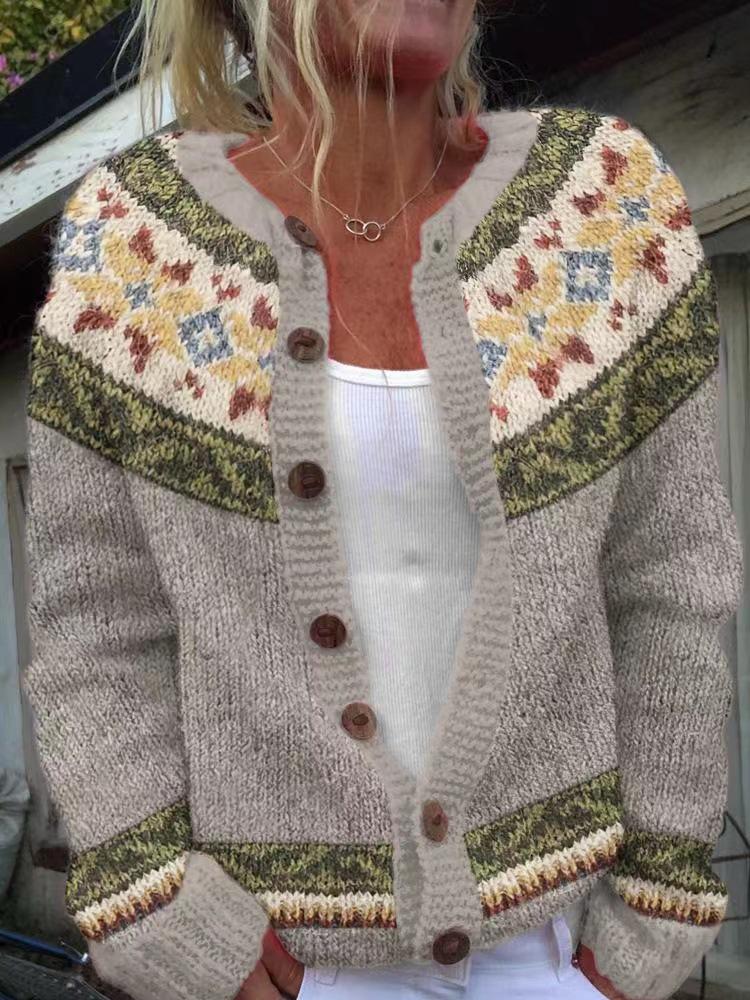 Women's Pink V-Neck Knit Cardigan with Jacquard Floral Pattern