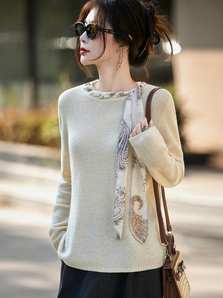 Women's Silk Bowknot Knitwear: Stylish 100% Wool Fine Knit Scarf & Base Layer Top