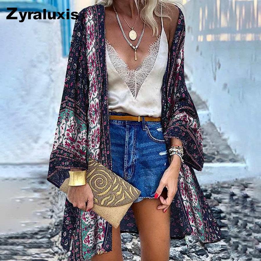 Oversized Boho Floral Print Flounce Shirt Women s Kimono Casual Beach Top Long Sleeve S циан