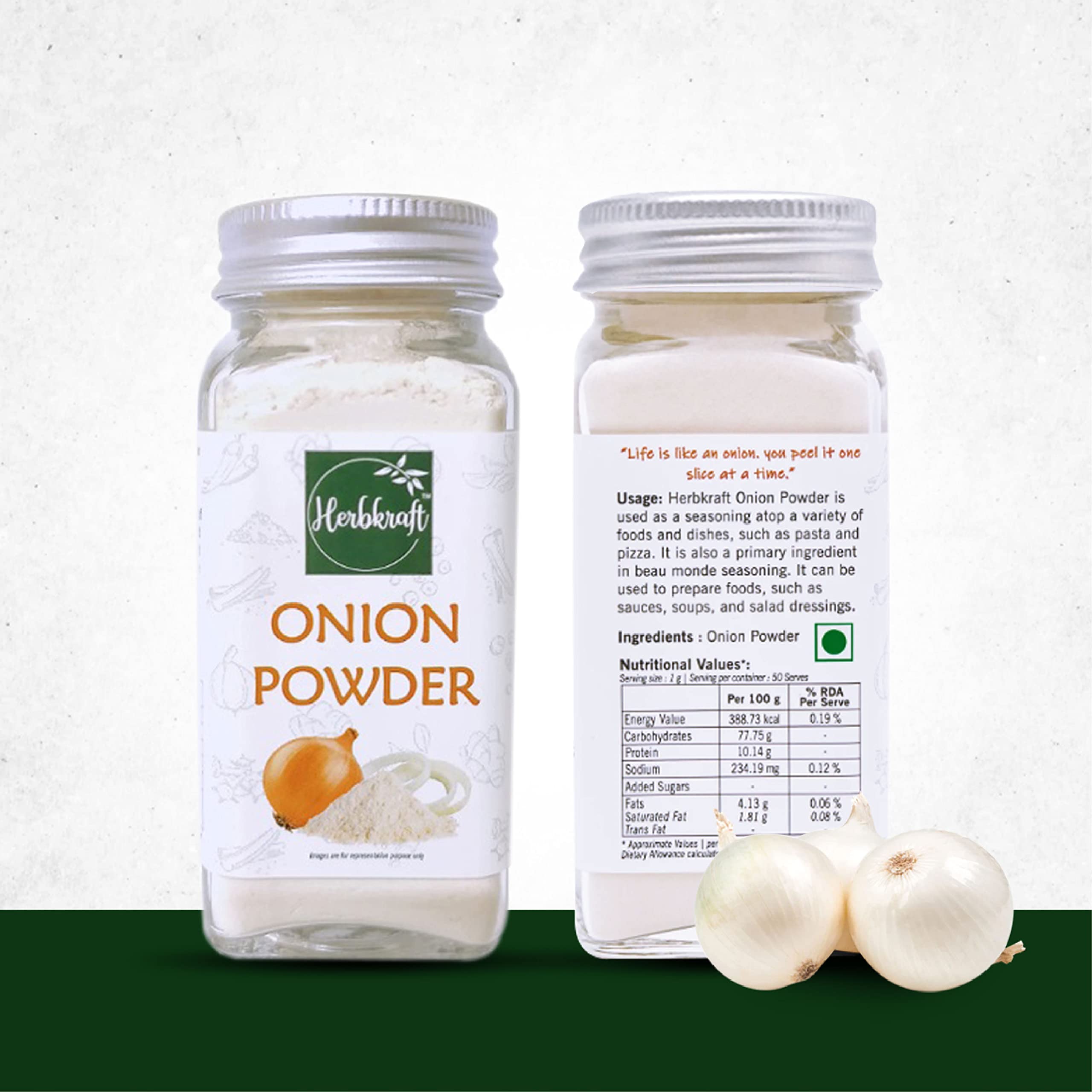 

Herbkraft - Onion Powder 50 GM Pack of 1 | Fresh and Natural Herbs and Seasonings | Dry Leaves | Grocery - Masala - Spices | Sauces - Soups - Sal
