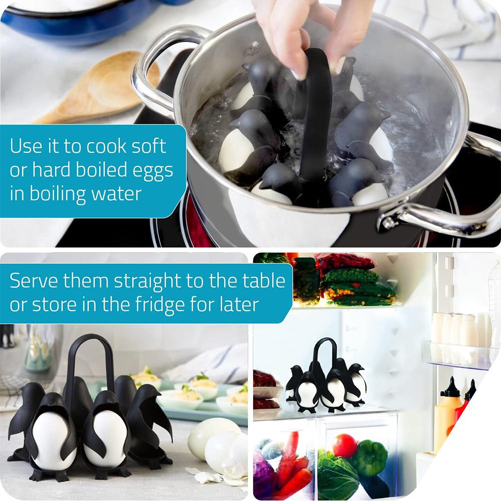 3-in-1 Penguin Egg Holder Holds 6 Eggs for Easy Cooking and Storage, Black
