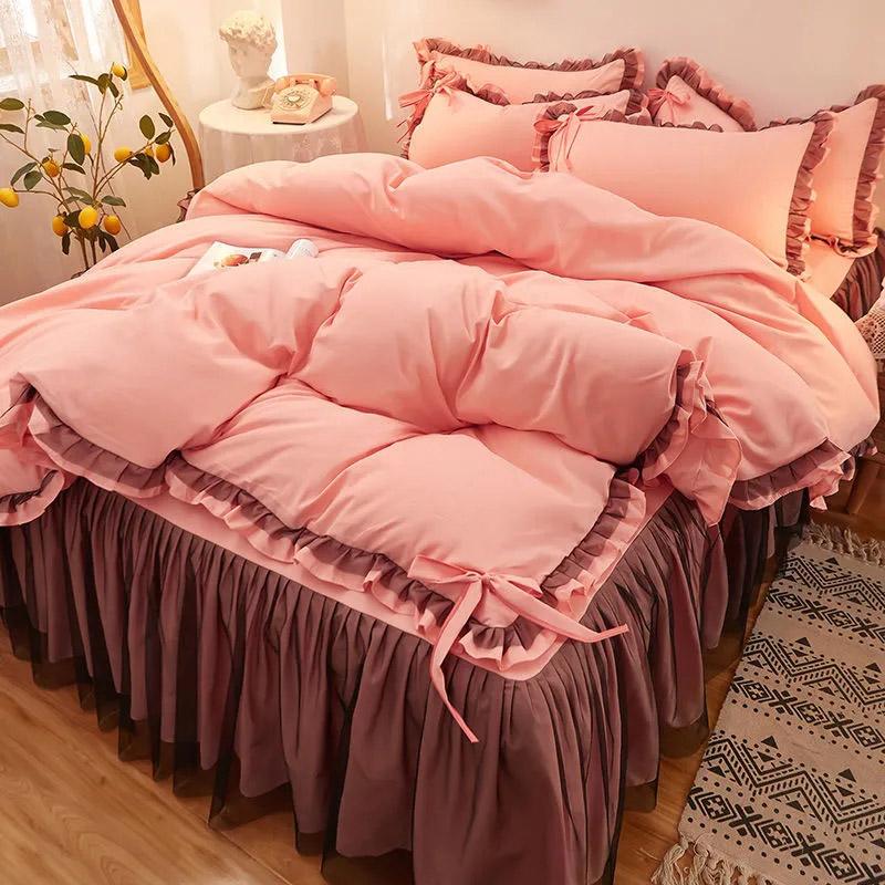 4pcs/set Korean Version Thickened Brushed Four-piece Sets Non-slip Bedspread Lace Ruffled Bed Skirt Princess Style Bedding Set