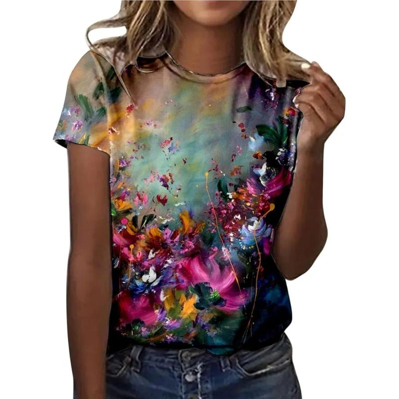 Flower Print Top Fashionable Loose Short Sleeve Simple T-Shirts Women’s