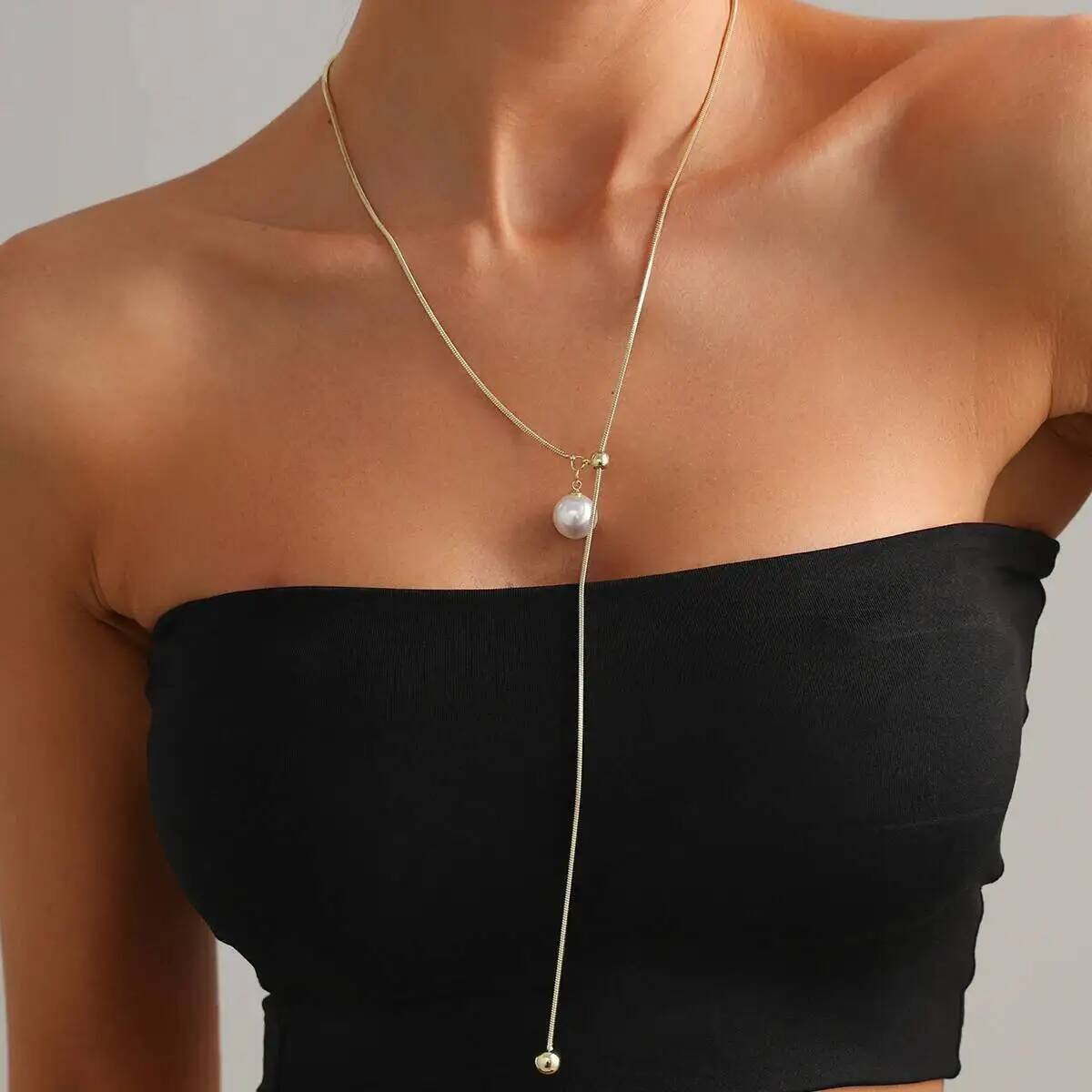 

Ingemark Fashion Stainless Steel Chain Imitation Pearl Pendant Necklace Women Sexy Metal Y-Shaped Long Chest Chain New Jewelry