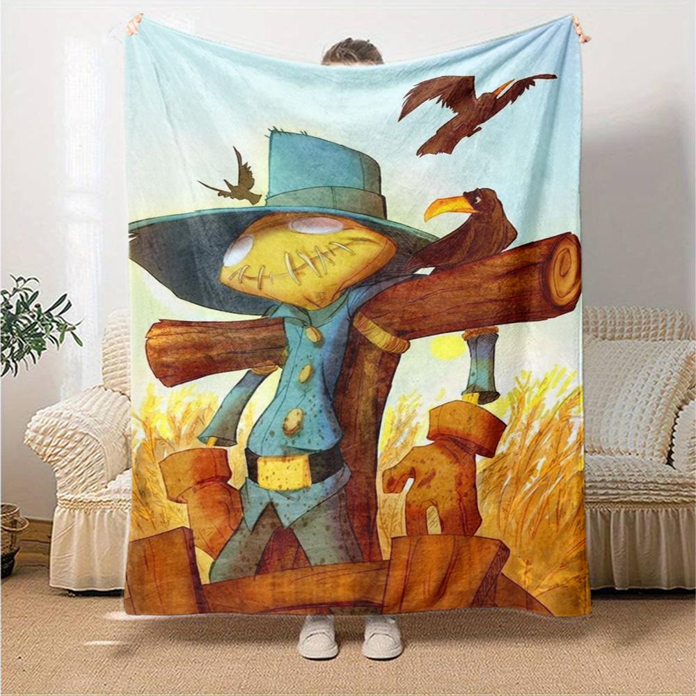 Cartoon Scarecrow Crow Wheat Field Print Flannel Throw Blanket Soft Warm Blanket for Sofa Couch Bed Home Decor