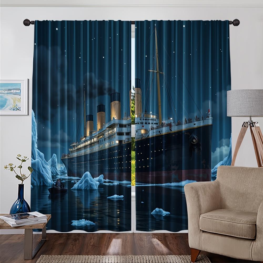 2pcs Titanic-Themed Dark Sheer Curtains – Made of Polyester with Rod Pocket Design, Perfect for Bedroom or Living Room Decor
