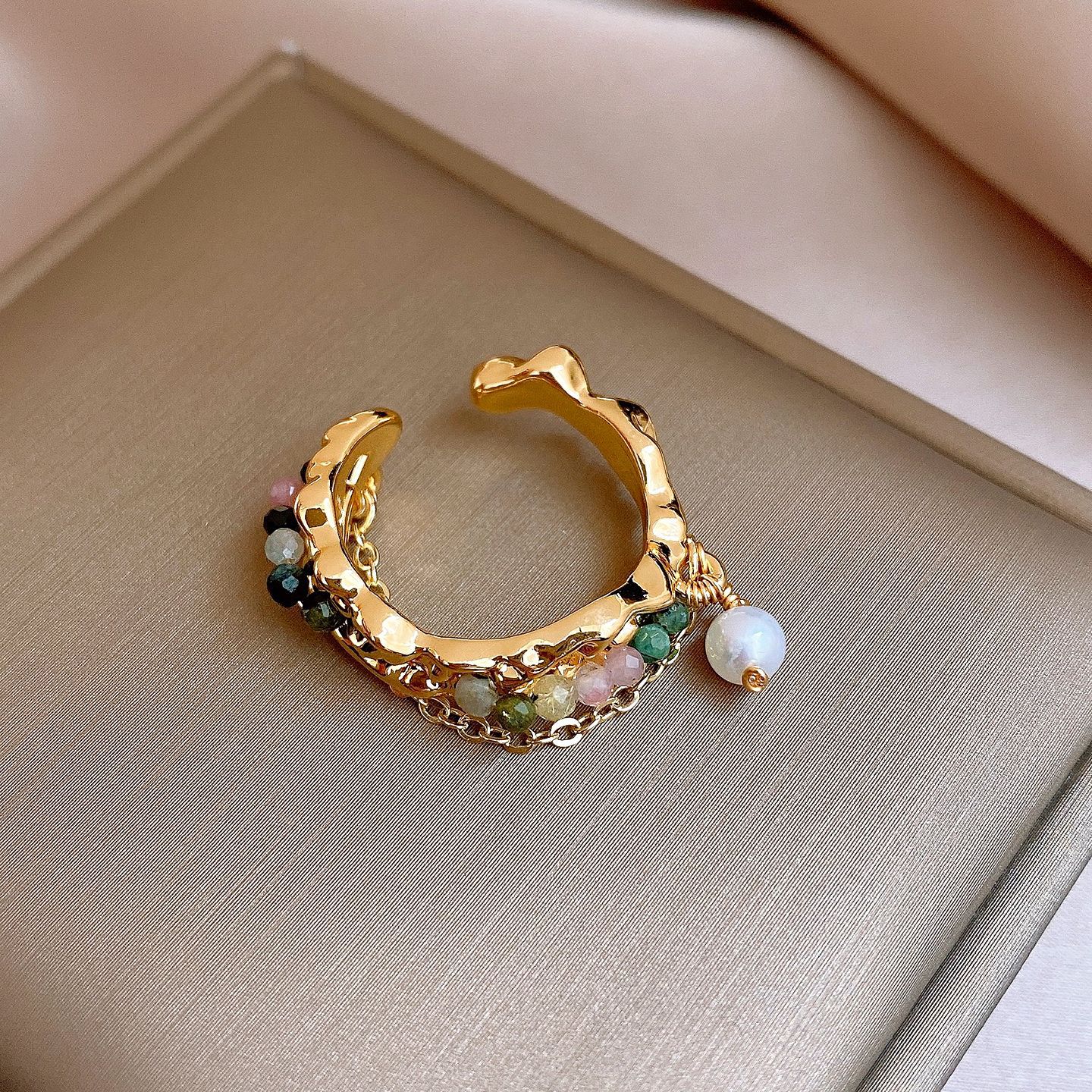 18k real gold electroplated European and American zircon feather pearl ring ring ring personalized jewelry women