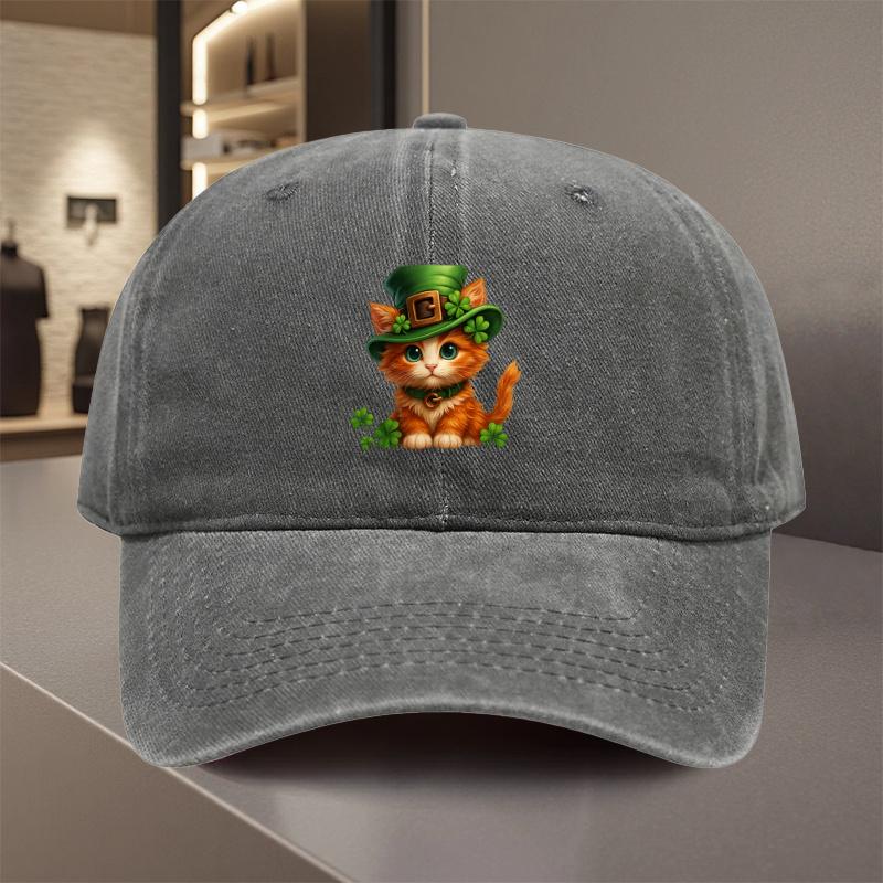 Kitten with Clover Hat Baseball Cap St Patricks Day Adjustable Polyester Casual Hat Unisex