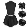 Womens Shiny Sequin Color Block Sleeveless Dress Bowknot Headwear Flower Balls Cheerleading Dance Costume