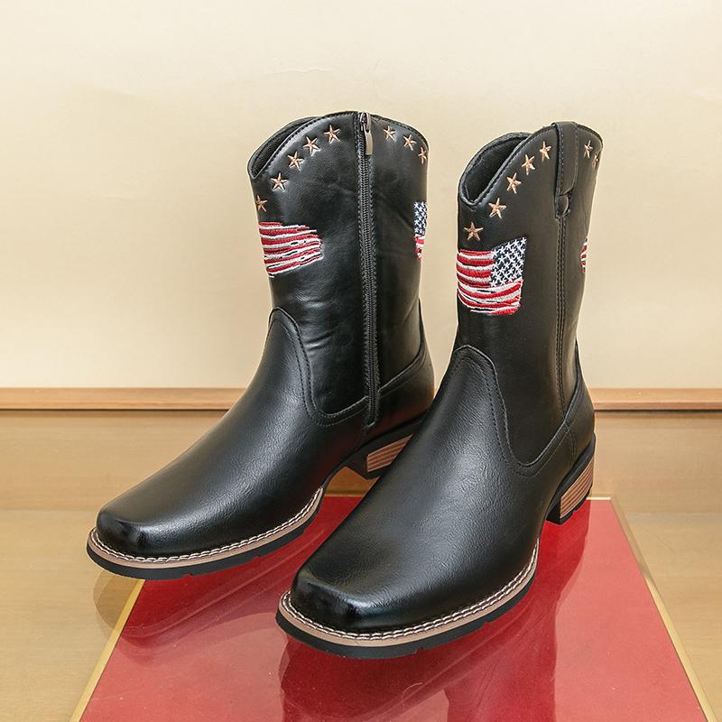 

Мужские ретро ковбойские сапоги в западном стиле, модные, с нашивкой флага США, пэчворк, вышивка, средней высоты, кожаные, дизайнерские, повседневные 39