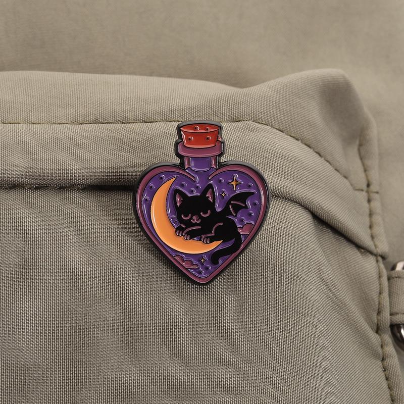 Black Cat Bat Enamel Pins Witch Magic Potion Bottle Brooches Lapel Badges Cartoon Punk Jewelry Gift for Kids Friends