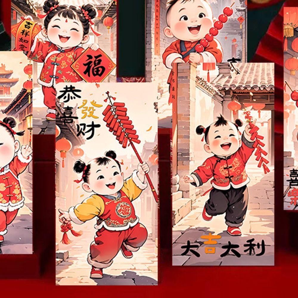 6pcs Chinese Style New Year Red Envelopes Cartoon Gifts Packing Bags Spring Festival Supplies