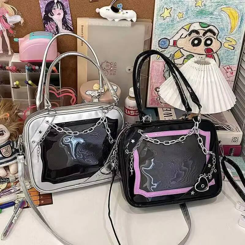 Y2K Cool Hot Ita Shoulder Bag Harajuku Girls Gothic Chain Transparent Tote Bag Large Capacity Crossbody Bag DIY Display Handbags