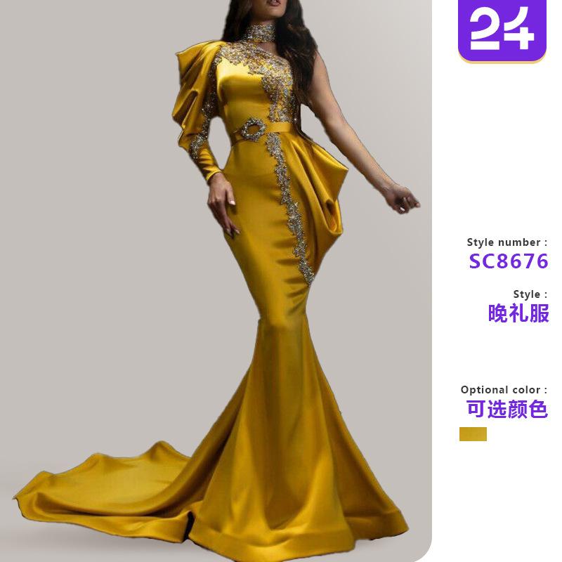 2026 European and American Foreign Trade New Evening Dress Ebay Amazon Women's Clothing Gold-sprinkled Turtleneck Dress Banquet Dress