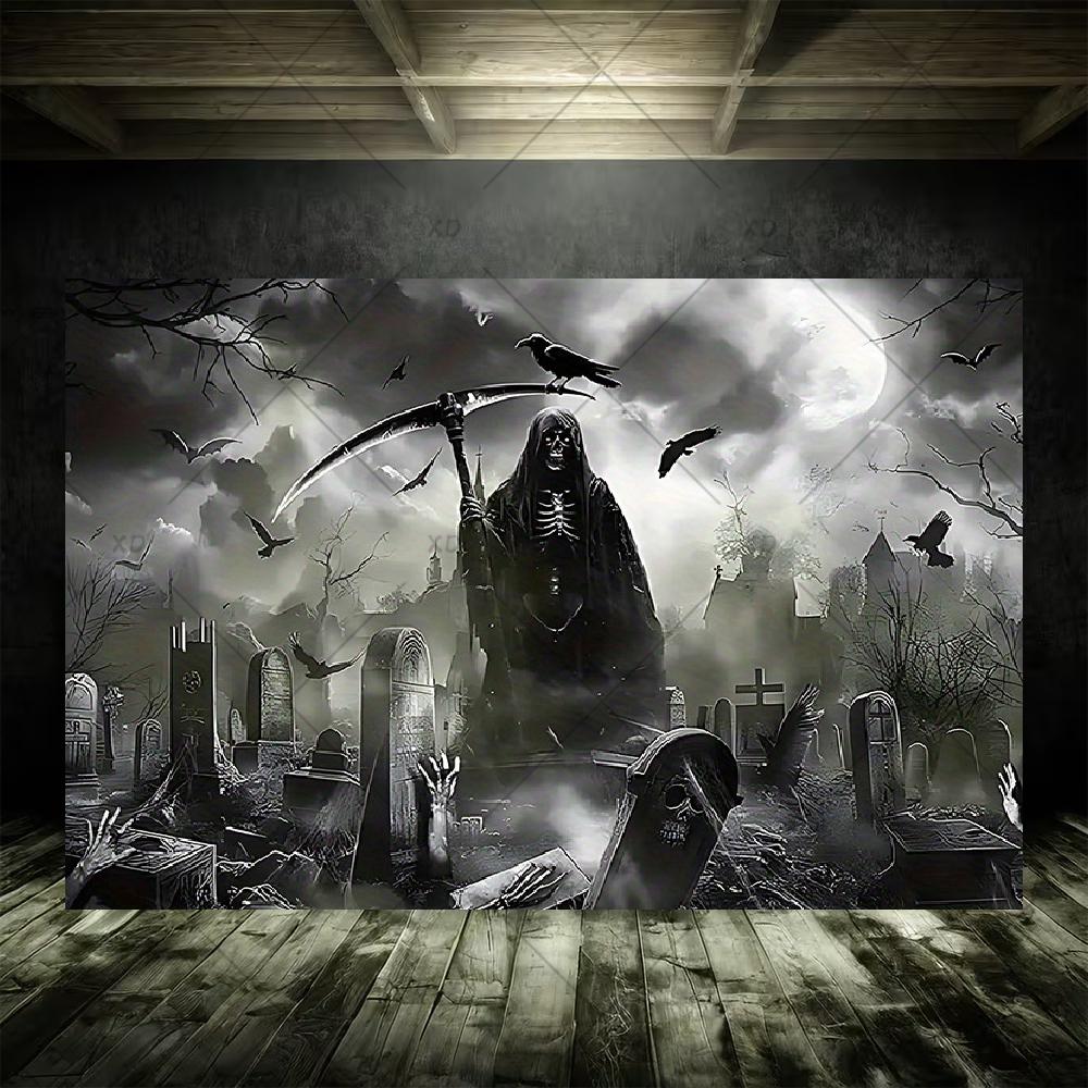 Grim Reaper Horror Halloween Party Decoration Background Spooky Graveyard Cemetery Backdrop Cosplay Photo Booth Studio Banner