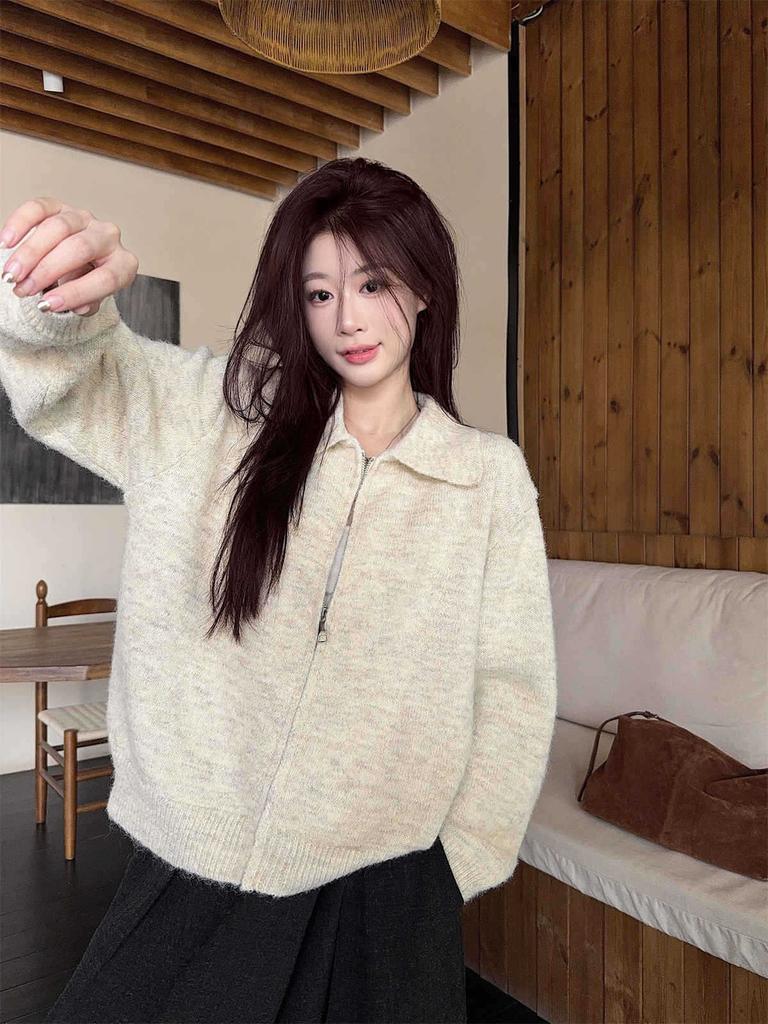 Commuter Versatile Relaxation Knitted Top Cardigan Women's Autumn and Winter Zipper Olo Collar Stacked Casual Sweater Jacket