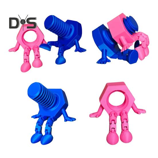 1/2Pcs 3D Printed Bolt Nut Figurine with Articulated Legs Movable Joints Cartoon Screw Figure Statue Toy Home Office Desktop Decoration Ornament