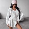 2026 Womens Solid Color Long Sleeve Zip-Up Hooded Cardigan Elastic Waist Shorts 2-Piece Casual Set