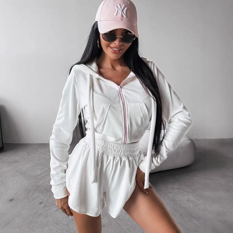 2026 Womens Solid Color Long Sleeve Zip-Up Hooded Cardigan Elastic Waist Shorts 2-Piece Casual Set