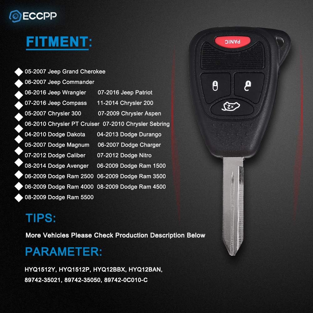 ECCPP 2X New Replacement Remote Car Key Fob Combo 4-Button Uncut for Chrysler Dodge Jeep OHT692427AA, OHT692713AA Programmable Key Fob