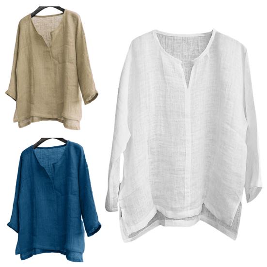 Men Casual Summer Solid Color Long Sleeve V Neck Slitting Hem Loose T-shirt Top