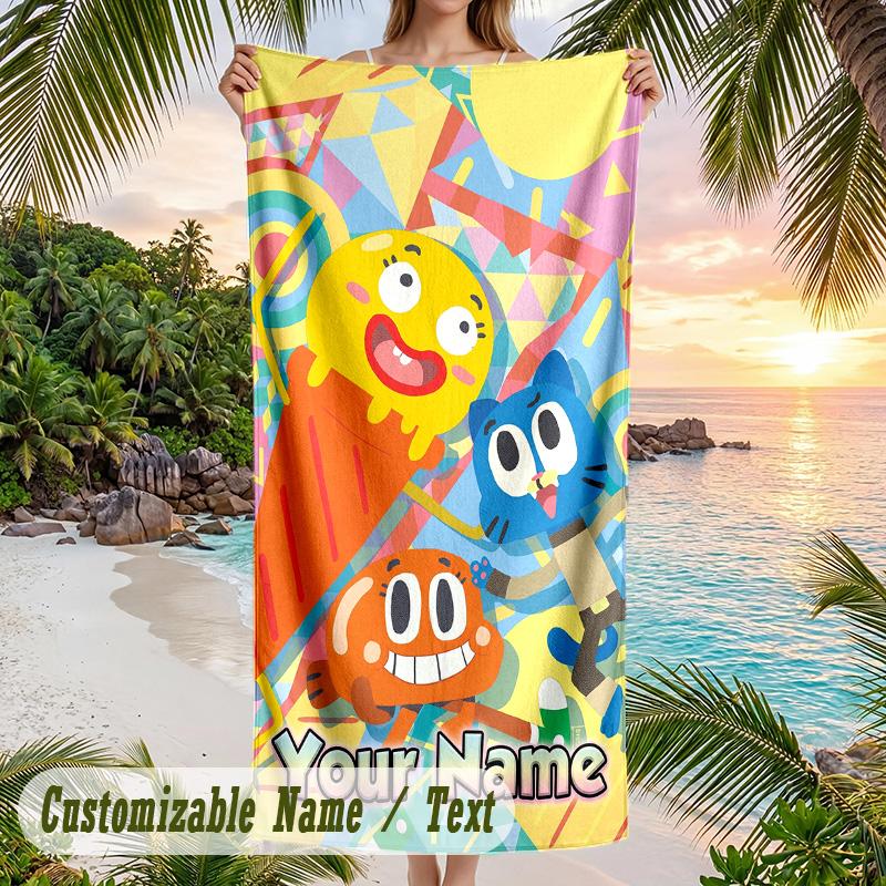 Amazing World of Gumball Beach Towel, Personalized Custom Text, Quick Dry Soft Large Towel For Swimming Pool Travel