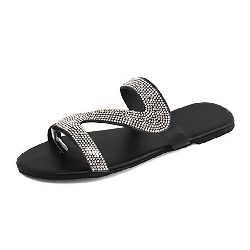 Large size women's slippers fashionable rhinestone sandals comfortable one word large size outside wear flat sandals