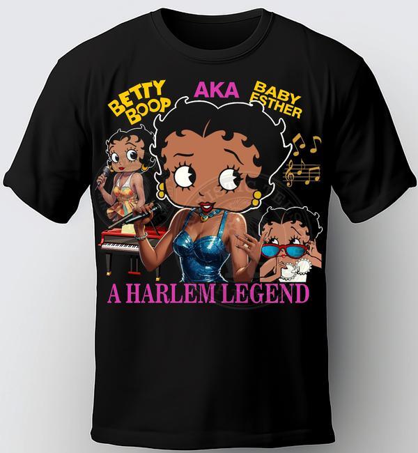 ЧЕРНАЯ ФУТБОЛКА BETTY BOOP. ИЗВЕСТНАЯ КАК ЭСТЕР ДЖОНС. ОДЕЖДА BLACK BETTY BOOP, УНИСЕКС ФУТБОЛКА HARLEM M