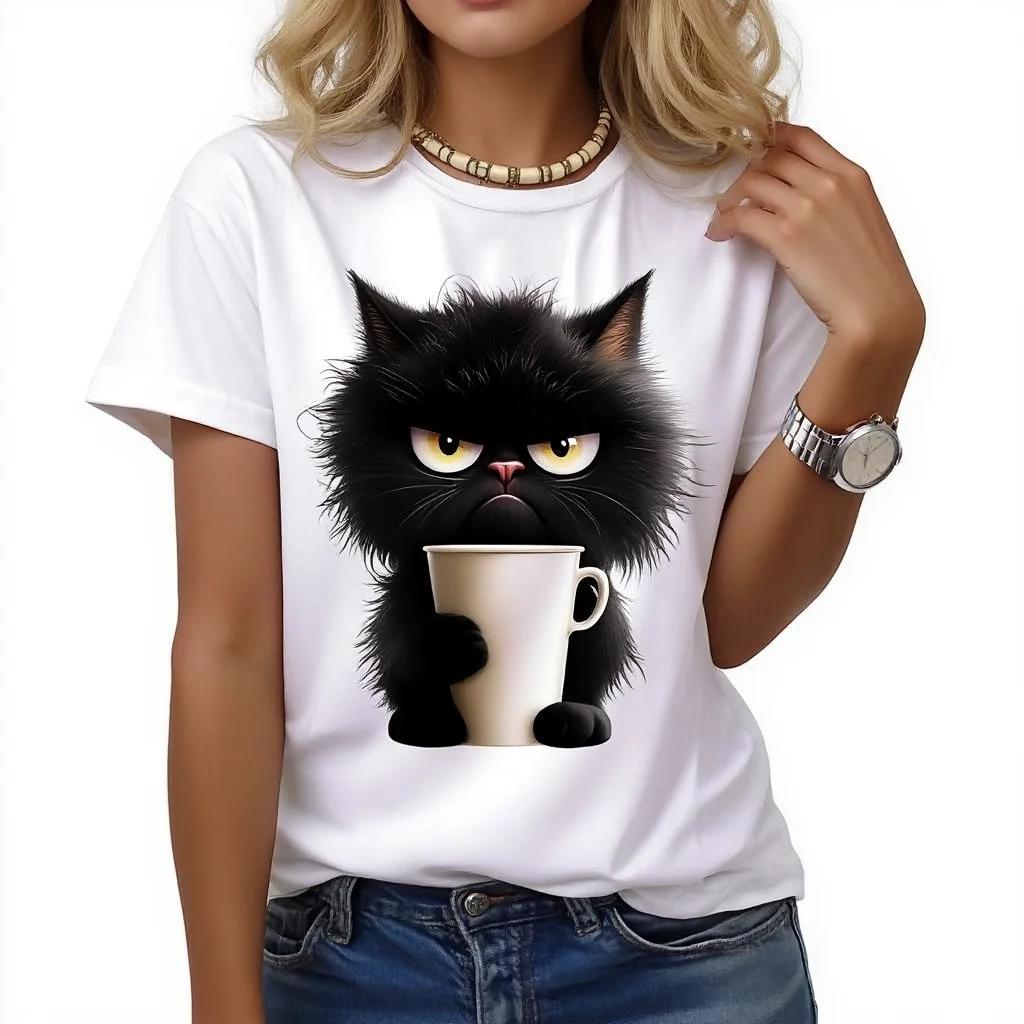 

CatWomen camiseta divertida estampada en blanco para mujeres casual pantalones cortos de Unisexga corta con cuello S