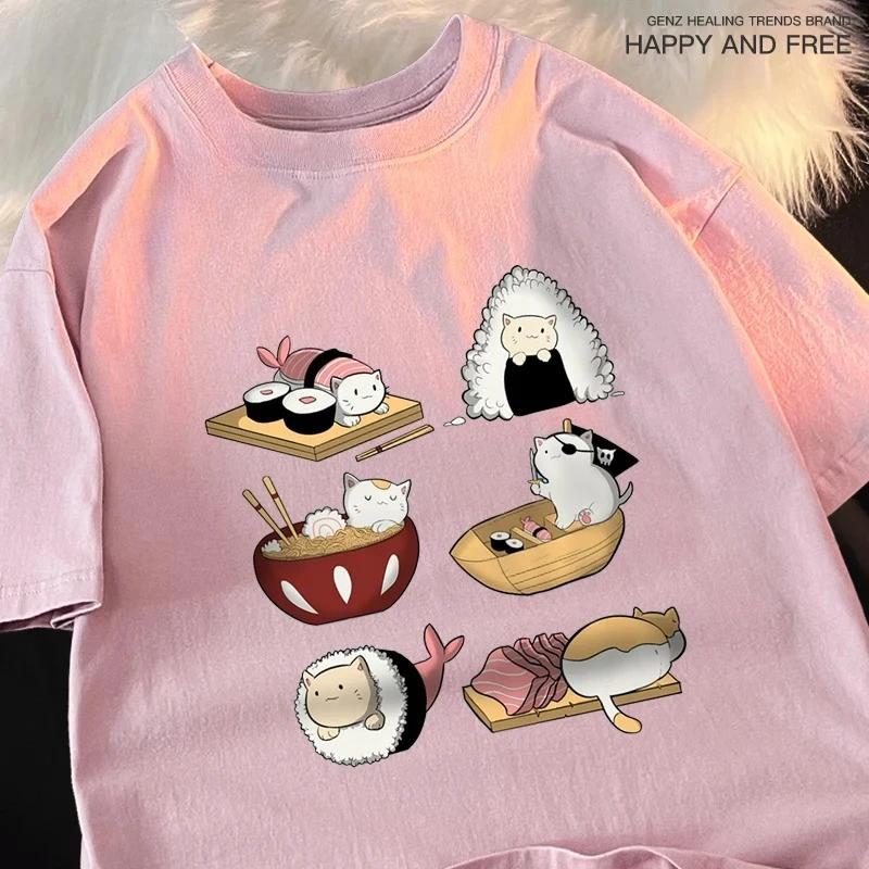 Cute Funny Sushi Cat Printing Women Tshirts Hip Hop Women TShirt Fashion Summer Tops Casual T Shirts Soft New