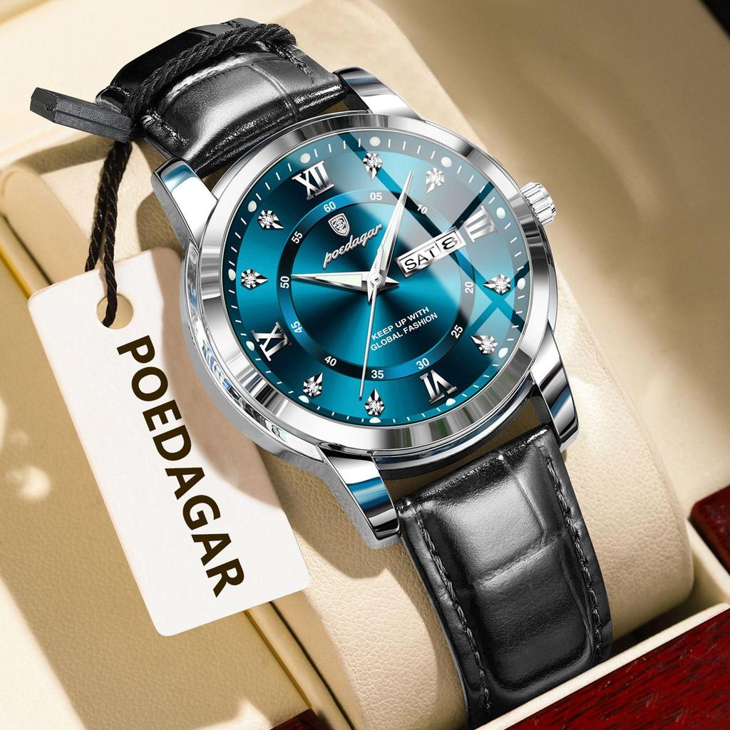 POEDAGAR Luxury Business Men Watch Waterproof Luminous Week Date Fashion Classic Man Wristwatch Leather Sports Men's Quartz Watches