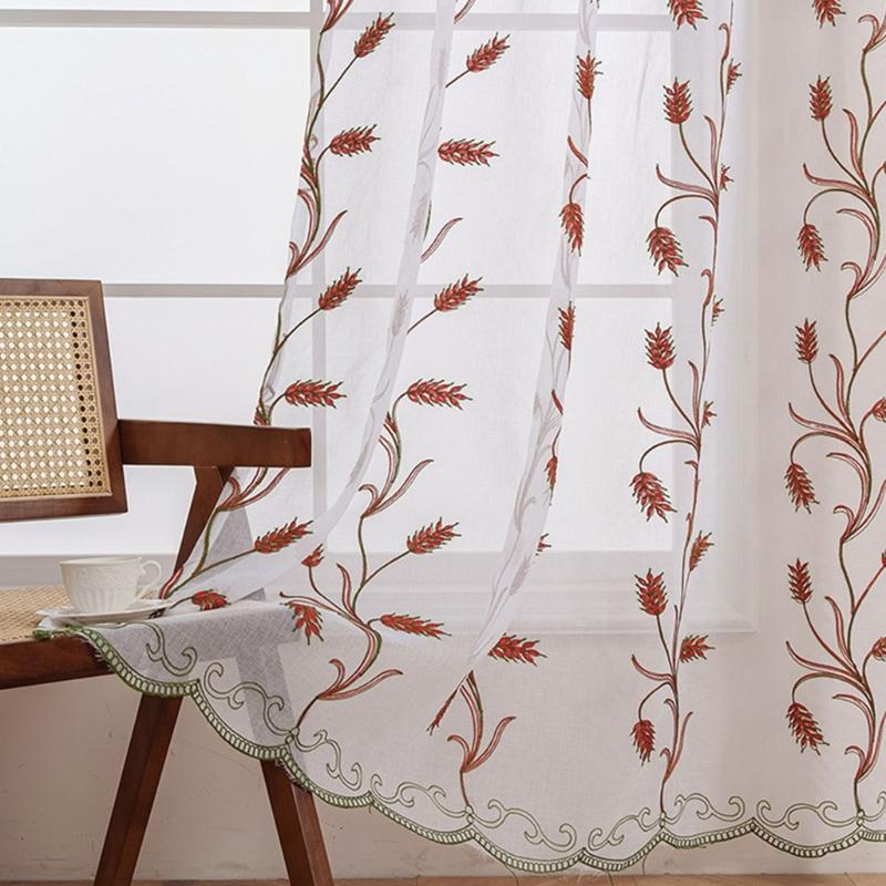 Rod Pocket Design Semi Sheer Curtain Easy Installation Wheat Embroidered Voile Drape Light Filtering for Home Decors