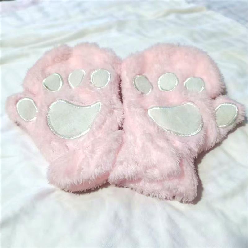 Cartoon Bear Paw Plush Gloves: Soft, Warm, and Cute Half-Finger Design for Women and Students.