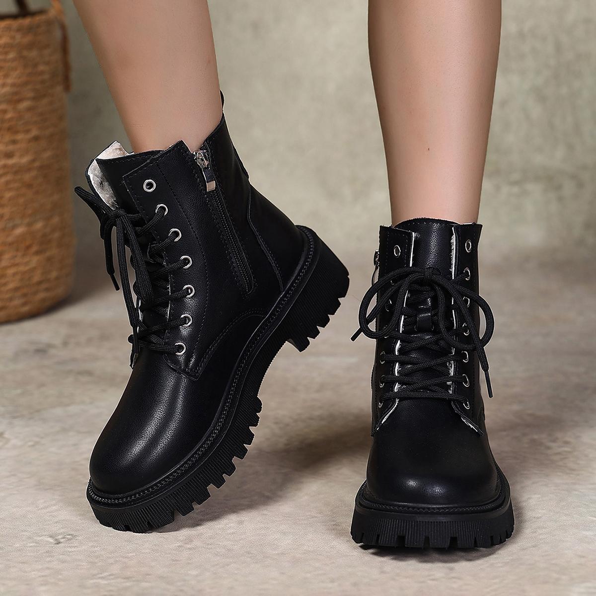 

Модные теплые женские ботильоны из короткого плюша, удобные кожаные туфли на низком каблуке для улицы, новая мода 2025, женские ботинки на платформе со шнуровкой 35 чёрный