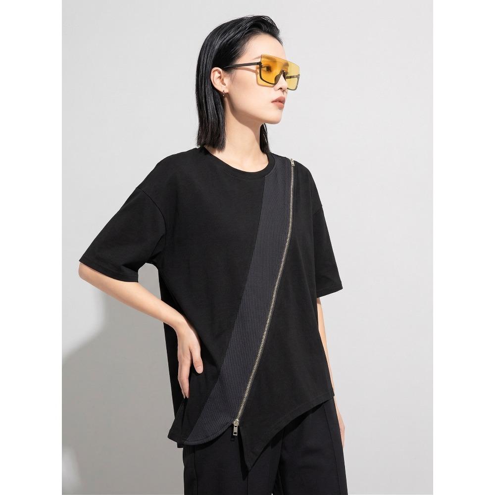 

DIMANAF 2026 T-Shirt Zipper Women Female Solid O-Neck Cotton Loose Short Sleeve Tops&Tees One Size чорний