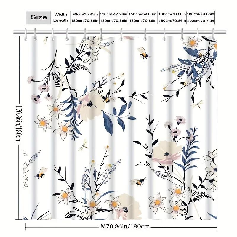 1 Elegant bee and flower shower curtain, machine washable, with vivid floral and butterfly pattern, perfect for modern bathroom
