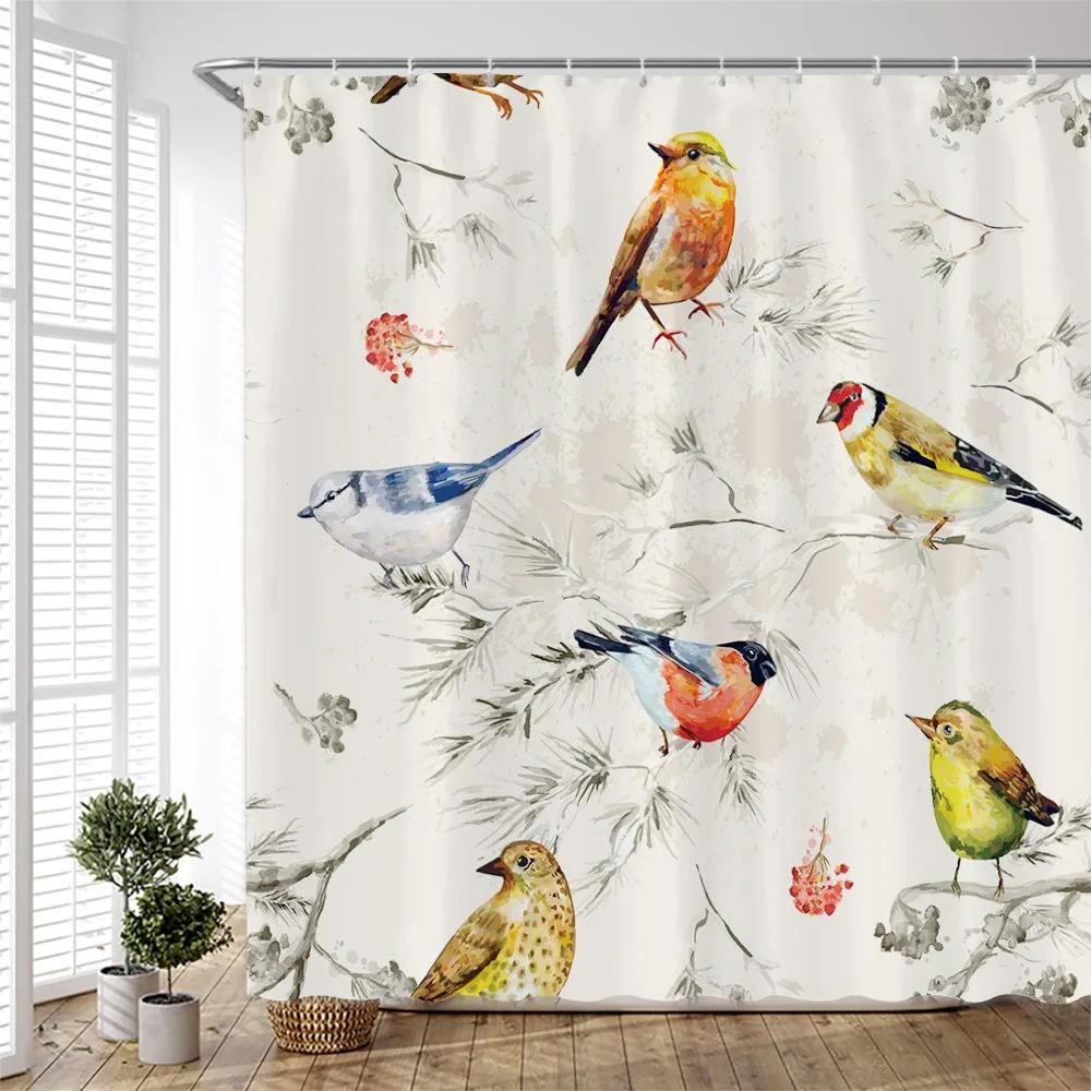 Garden Flower Shower Curtain Plant Floral Birds Leaves Zen Stone Bamboo Forest Painting Bath Accessories Bathroom Decor Curtains